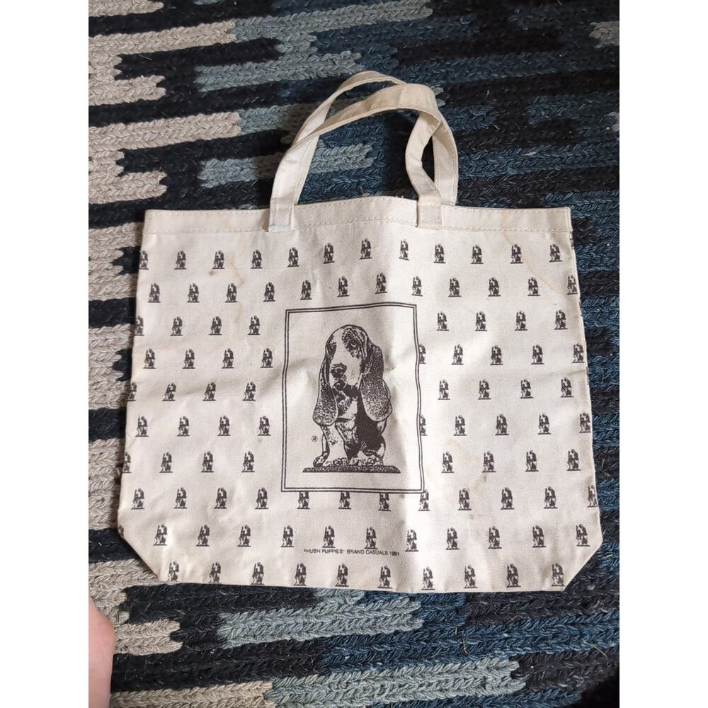 VTG 1981 Hush Puppies Brand Casuals Canvas Tote Bag All Over Print Basset Hound
